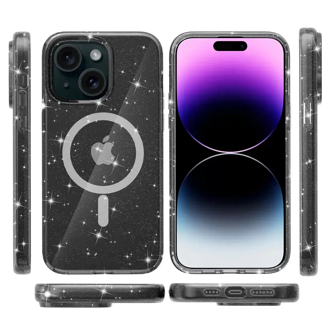 iPhone 15 Fleck Glitter MagSafe Clear Case Black